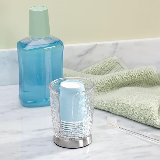 mDesign Plastic/Steel Compact Small Disposable Paper Cup Dispenser Storage Holder for Rinsing Cups on Bathroom Vanity Countertops - Rain Collection - 2 Pack - Clear/Brushed Chrome