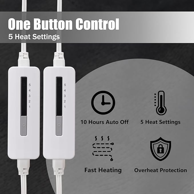 Electric Heated Blanket Queen Size 84"x 90",Dual Control Super Cozy Soft Warm with 5 Heat Levels &10 Hours Auto Off, Home Office Use & Machine Washable, Dark Gray