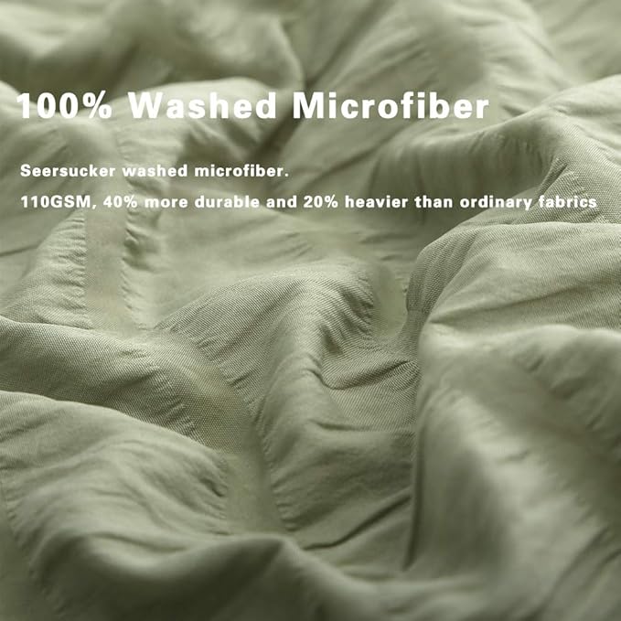 AveLom Green Duvet Cover Queen(90 x 90 inches), 3 Pieces (1 Duvet Cover, 2 Pillow Cases),Seersucker Tripe Soft Washed Microfiber, Textured Duvet Cover Set with Zipper Closure, Corner Ties