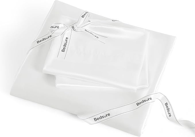 Bedsure White Satin Sheets King Size - 4 Piece Silky Bedsheets with 15 Inches Deep Pocket Fitted Bedsheet,1 Flat Sheet, 2 Satin Pillowcases, Good for Hair & Skin (King, White)