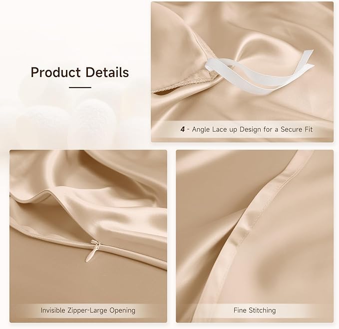 THXSILK 100% Pure Mulberry Silk Duvet Cover Set 3 Piece, 6A+ Grade Luxury Soft Bedding Silk Sheets for Hair and Skin, 1 Pcs Duvet/Quilt/Comforter Cover with 2 Zippered Pillowcases (Champagne, Full)
