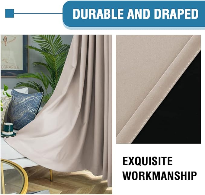 H.VERSAILTEX 100% Blackout Curtains for Bedroom Short Curtains Half Window Curtains for Kitchen, Privacy Energy Saving Curtain Tiers for Bathroom Shades, W 42 x L 36 inch, Natural Sand, Set of 2
