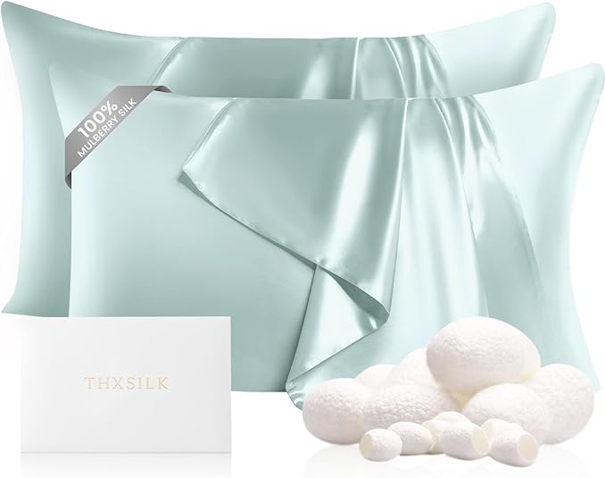 THXSILK Set of 2 100% Mulberry Silk Pillowcase for Hair and Skin, Grade 6A+ Mulberry Silk Pillow Cases 22 Momme, Hypoallergenic Pillow Case Cover with Zipper (Queen 20"x30", Light Blue)