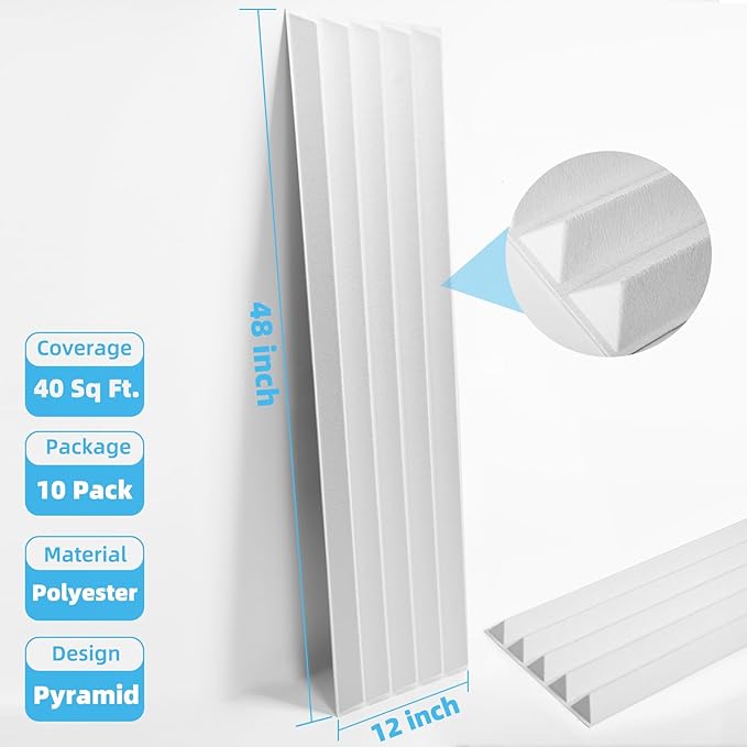 Art3d 10-Pack Peel and Stick Acoustic Panels with Acrylic Tape - 12 x 48 inches, Self Adhesive Sound Absorbing Polyester Wall Panels for Home Office Studio, White