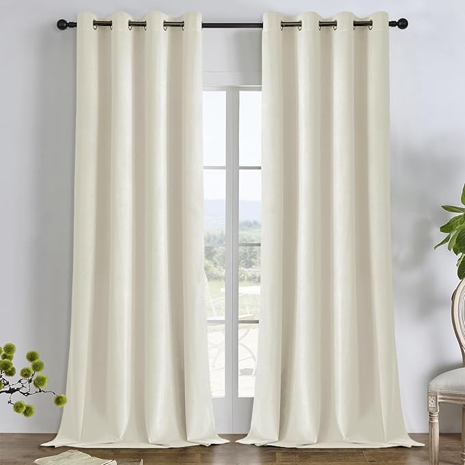 Joydeco Mousse White Blackout Curtains 90 Inch Long, Luxury Thermal White Velvet Curtains for Bedroom & Living Room, Room Darkening Velvet Drapes 2 Panels, Grommet Top (52W x 90L)