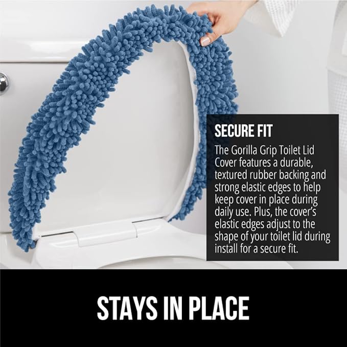 GORILLA GRIP Soft Chenille Bathroom Toilet Lid Cover, Machine Washable Seat Covers, 19.5x18.5, Stays in Place Rubber Backing, Fits Most Round, Elongated and Oblong Lids, Accessories Decor, Blue