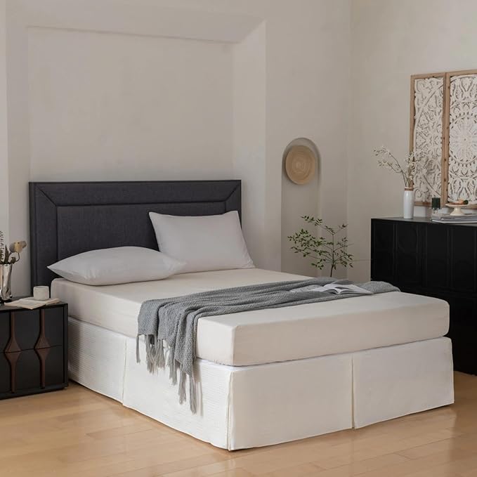 Full Bed Skirt, Wrap Around Bed Skirt with Pleated Corner, 16 Inch Drop Pleated Waffle Weave Bedskirts, Anti-Slip, Microfiber, Ivory, 16'' Full