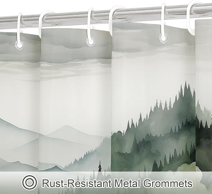 Dark Green Long Misty Pine Forest Shower Curtain 72 x 78, Mountain Foggy Woodland Scenery Tree 78 Inch Long Shower Curtains for Bathroom, Abstract Waterproof Nature-Themed Decor