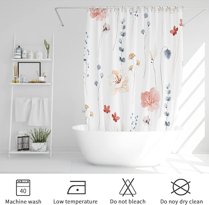 Gibelle Long Shower Curtain 72 x 78, Watercolor Floral Fabric Shower Curtain, Coral Beige Flower Decorative Bathroom Shower Curtain Set with Hooks