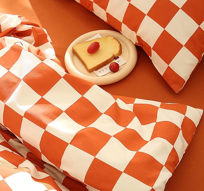 KAREVER Orange White Grid Comforter Set Cal King Burnt Orange Plaid Bedding Set Women Reddish White Checkered Bed Blanket Set Men Durable Breathable Bedding Comforter Set