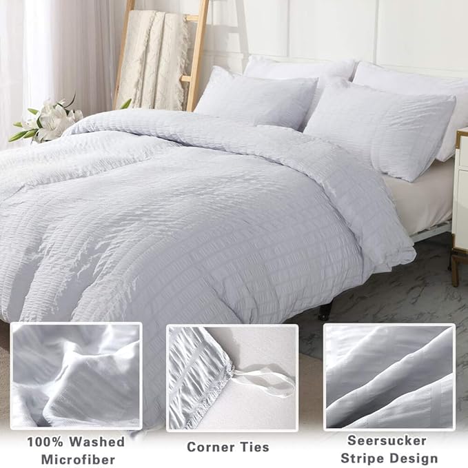 AveLom Light Gray Duvet Cover King(104 x 90 inches), 3 Pieces (1 Duvet Cover, 2 Pillow Cases), Seersucker Striped Soft Washed Microfiber Textured Duvet Cover Set with Zipper Closure, Corner Ties