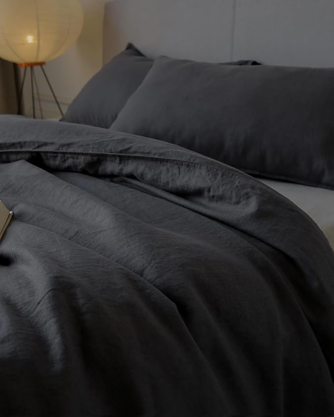 XZ XIFA Dark Grey 100% Linen Duvet Cover King Size Bedding Set, Cooling Duvet Cover with Natural Washed French Flax, Soft, Breathable, Textured Duvet Cover (1 Duvet Cover, 2 Pillowcases)