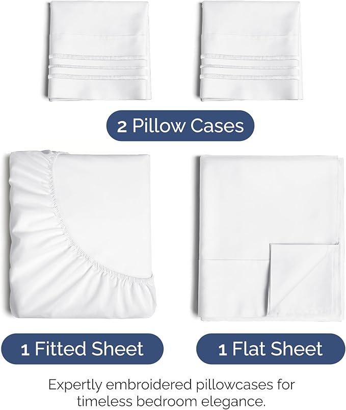 Hotel Luxury Durable Bed Sheets - Full Size 4 Piece Sheet Set - Extra Soft, Breathable And Cooling - Deep Pockets, Easy-Fit & Wrinkle-Free - Bright White Oeko-Tex