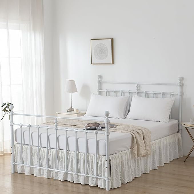 Bed Skirt Twin Size Ruffled Bed Skirt with Split Corners, 16 Inch Drop Dust Ruffle Bed Skirts with Platform, Boho Tufted Shabby Chic Twin Size Bed Skirts, Ivory