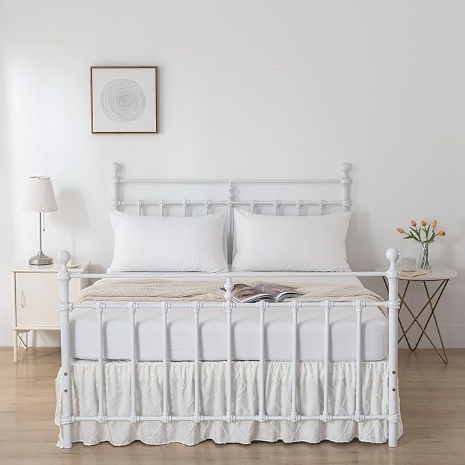 Bed Skirt Queen Size Ruffled Bed Skirt with Split Corners, 18 Inch Drop Dust Ruffle Bed Skirts with Platform, Boho Tufted Shabby Chic Queen Size Bed Skirts, Ivory