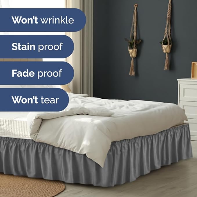 Wrap Around Dust Ruffle Bed Skirt - Dark Grey - for Full Size Beds w/ 14 Inch Drop - Easy Fit Elastic Strap - Adjustable Pleated Bedskirt with Brushed Fabric, Wrinkle Free Women, Men, Kids and Teens