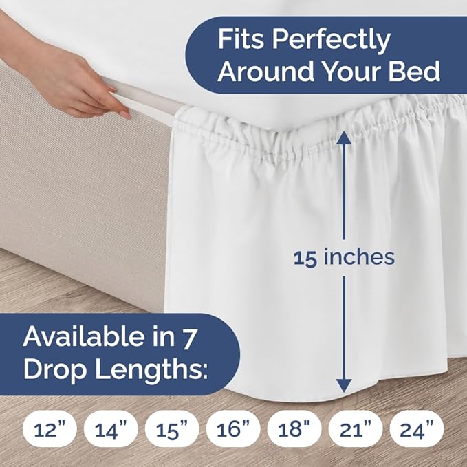 Wrap Around Dust Ruffle Bed Skirt - White - Twin/Twin XL Size Beds with 15 Inch Drop - Easy Fit Elastic Strap - Adjustable Pleated Bedskirt w/Brushed Fabric - Wrinkle Free - Women, Men, Kids & Teens