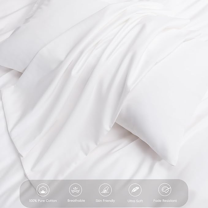 MooMee Duvet Cover Set 100% Extra Long Staple Cotton 600 Thread Count Silky Sateen Smooth Luxury Soft Breathable Durable Hotel Quality Bedding, 3 Pieces (White, Super King 108"x98")