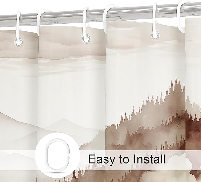 Brown Misty Pine Forest Shower Curtain, Tan Mountain Foggy Woodland Scenery Tree Shower Curtains for Chic Rustic Bathroom, Abstract Modern Waterproof Nature-Themed Decor, 72x72 Inches
