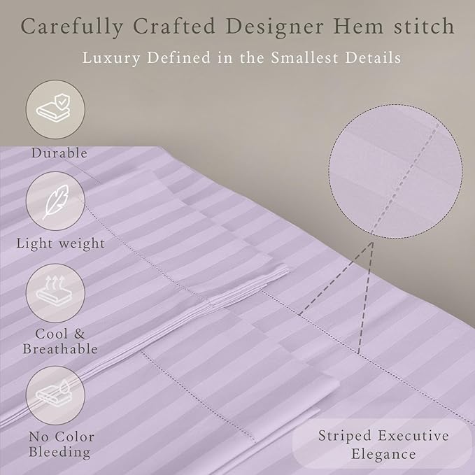 Threadmill 500 Thread Count Twin-XL Size Damask Stripe, 3 Pc Luxury Cotton Sheet Set, Breathable & Silky Soft Lilac Sheets with 15" Elasticized Deep Pocket, 1 Pillowcase & Free Tote Bag