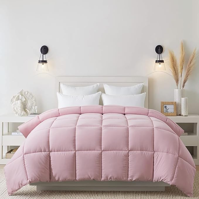 Cosybay Down Alternative Comforter (Pink/Light Grey, King) - All Season Soft Quilted King Size Bed Comforter - Duvet Insert with Corner Tabs - Winter Summer Warm Fluffy, 102x90 inches