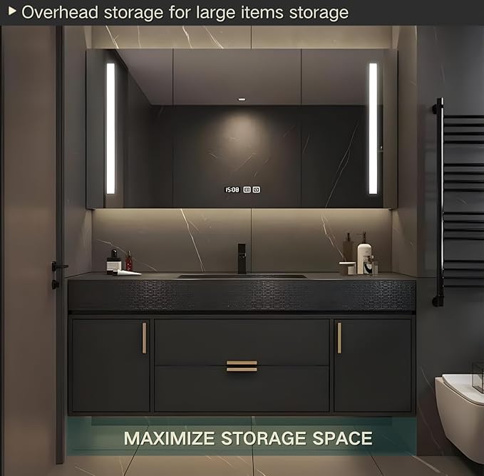 Bathroom Vanity, Floating Bathroom Vanity with Single Sink, Solid Wood Bathroom Vanities Includes LED Smart Defogging Mirror Cabinet & One-Piece Sink, Modern Vanities with 2 Drawer Storage (Black,44")