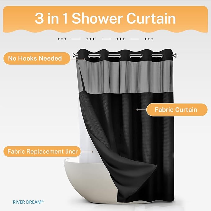 River Dream Heavyweight No Hooks Required Dotted Waffle Weave Shower Curtain with Snap in Liner -Extra Long 71W x 86H,Hotel Grade,Spa Like Bath Curtain,Black