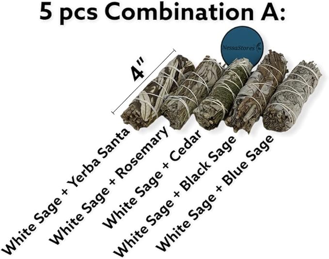 NESSASTORES - White Sage Mixture Smudge Sampler Kit 4" Bundles #JC-230 (10 Kits, 5 pcs Combination A)