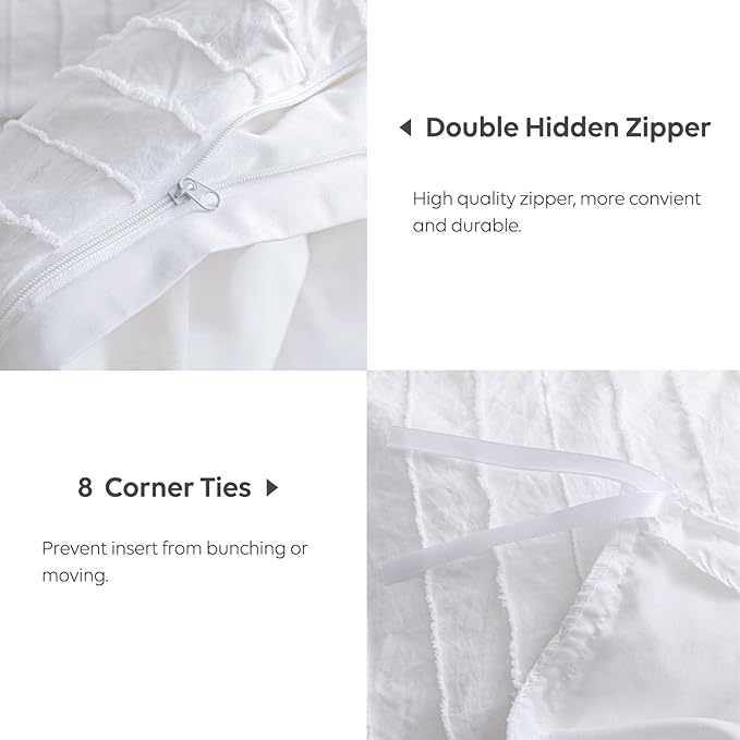 JELLYMONI Duvet Cover King Size Bright White - 3PCS Boho Striped Duvet Cover Set Polyester Tufted Bohemian Textured Comforter Cover 104×90in with Corner Ties & Zipper and 2 Pillowcases