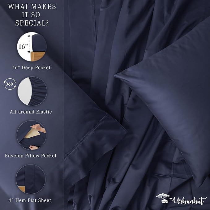 URBANHUT 700 Thread Count King Size Egyptian Cotton Sheets, 4Pc Sheet Set Soft Luxury Bed Sheets for King Size Bed, Sateen Weave Hotel Sheets, 16'' Elasticized Deep Pocket - Navy Blue