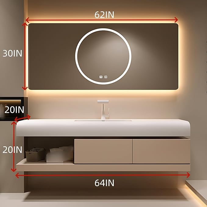 64IN Bathroom Vanity with Sink - Bathroom Cabinet Set has 2 Drawers & Overflow Hole Wall Mounted | LED Practical Defogging Mirror, Open Compartments, Seamless Rock Slab Basin (Khaki)