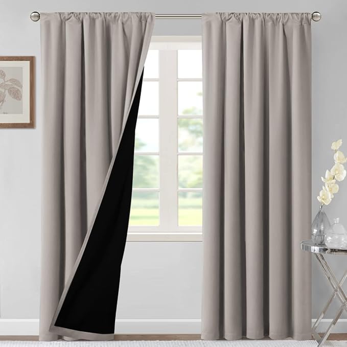 H.VERSAILTEX 100% Blackout Curtains for Bedroom Thermal Insulated Blackout Curtains 84 Inches Long Rod Pocket Window Drapes for Living Room with Black Liner 2 Panels Set, Warm Taupe