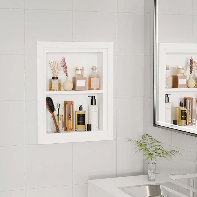 Solid Wood 14 X 18 Recessed Medicine Cabinet,2-Tier, Medicine Cabinet Organizer,Wall Niche, Bathroom Wall Cabinet, recessed bathroom Cabinet,Recessed Wall Cabinet, Bathroom Cabinet With Storage, White