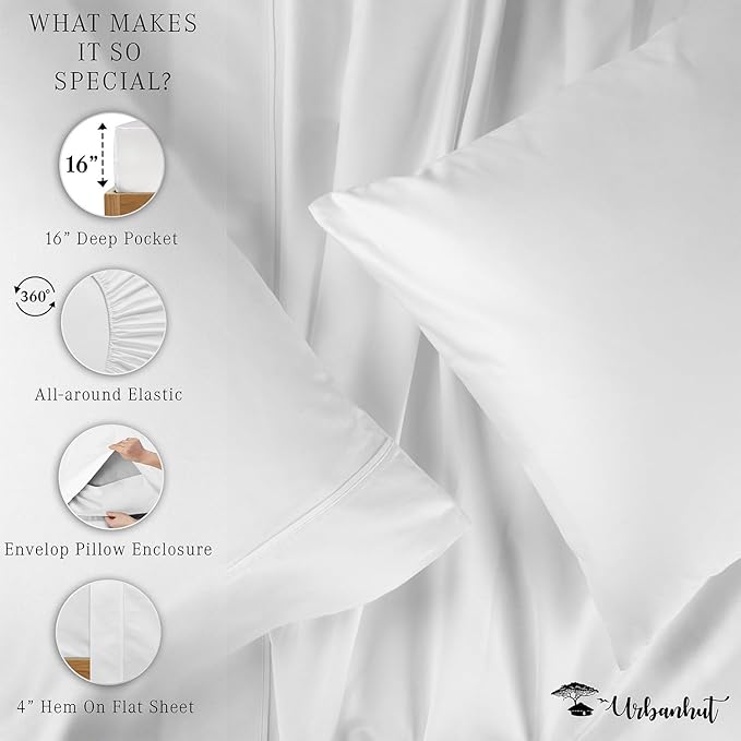 URBANHUT 1000 Thread Count Egyptian Cotton Sheets King Size, Long Staple Soft & Breathable, 4 Pc Bed Sheet Sets, Luxury Hotel Sateen Sheets Fits 16" Deep Pocket - White