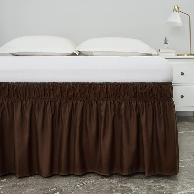 MEILA Wrap Around Bed Skirt Three Fabric Sides Elastic Dust Ruffled 18 Inch Tailored Drop,Easy to Install Fade Resistant-Brown, Queen/King