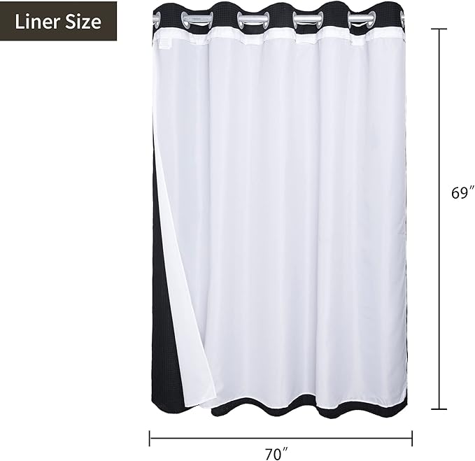 River Dream Black Waffle Weave Shower Curtain with Snap-in Liner,Cotton Blend Fabric Heavy Duty,No Hooks Needed Shower Curtain for Bathroom,Hotel Quality Shower Curtain Set,71 x 74 inches