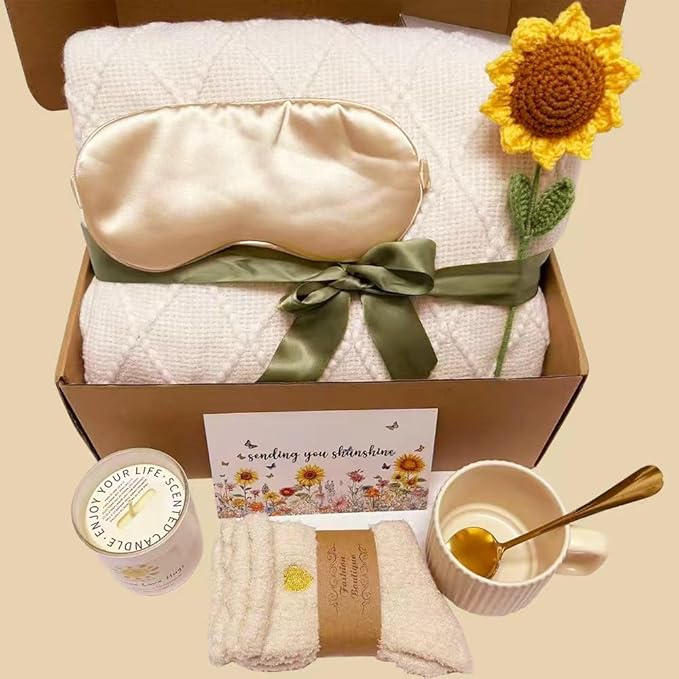 Sunflower Gifts For Women Birthday Gifts for Women Self Care Gift Get Well Soon Baske Spa Gift Care Package Luxurious Flannel Blanket Unique Christmas Gift for Mom Wife Friend Grandma Sister