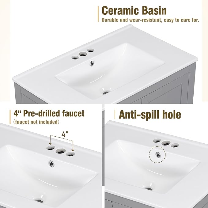 60" Bathroom Vanity Set with Double Vanities, Double Ceramic Sinks, Storage Shelf, Soft Closing Doors, Divided Drawers (Mirror not Included), Large Bathroom Vanity Sink Set (Grey)