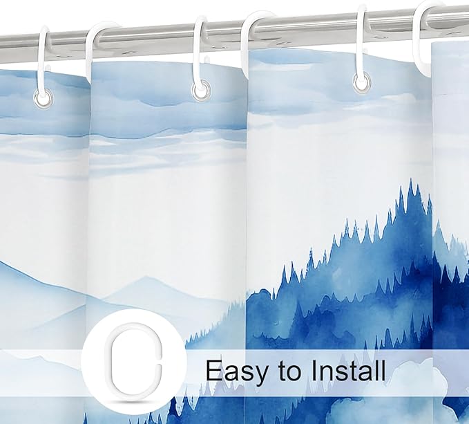 Navy Blue Extra Long Misty Pine Forest Shower Curtain 72 x 84, XL Mountain Foggy Woodland Scenery Tree Shower Curtains for Bathroom, Abstract Waterproof Nature-Themed Decor