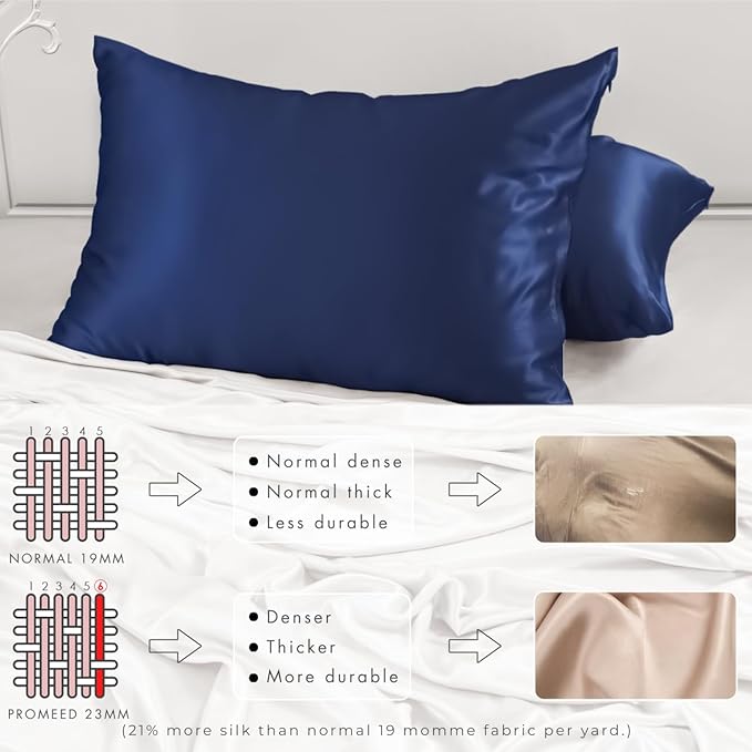 PROMEED 23 Momme Silk Pillowcase 2 Pack with Zipper, 3rd Gen Grade 6A+ 100% Mulberry Silk Pillow Case Set of 2, Cooling Pillow Cases for Hot Sleepers (King 20"x36", Navy)