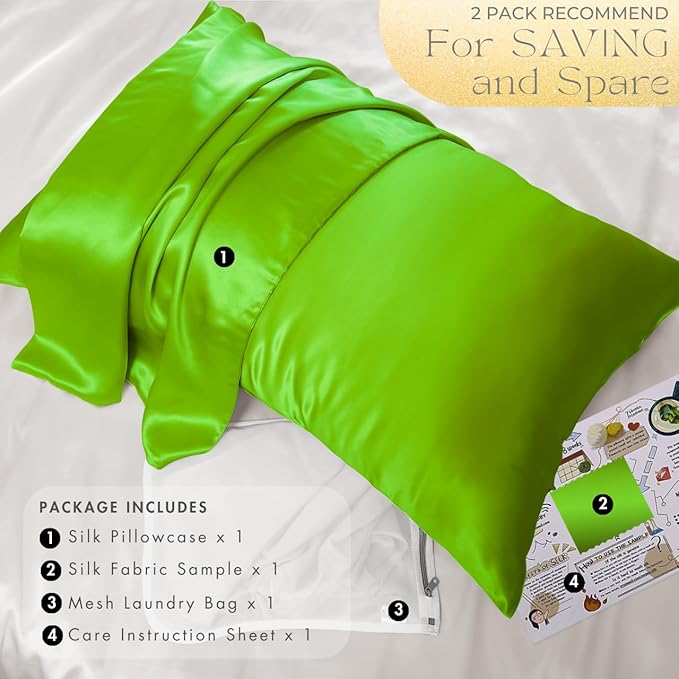 PROMEED 23 Momme Silk Pillowcase for Hair and Skin, Both Sides Upgraded Grade 6A+ Mulberry Silk Pillow Case with Zipper, Cooling Pillow Cases for Hot Sleepers (Standard 20"x26", Green)