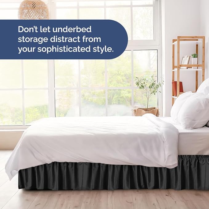 Wrap Around Dust Ruffle Bed Skirt - Black - for Queen Size Beds w/ 16 Inch Drop - Easy Fit Elastic Strap - Adjustable Pleated Bedskirt w/Brushed Fabric, Wrinkle & Fade Free Women, Men, Kids & Teens