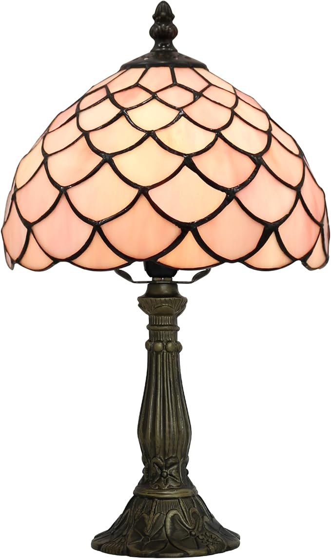 Tiffany Table Lamp for Bedroom Bedside Nightstand Table Lamps for Living Room 3 Way Color Temperatures Stained Glass Table Lamp 8X8X15 Inch Home Office Reading Desk Lamp (Pink Fish Scales)