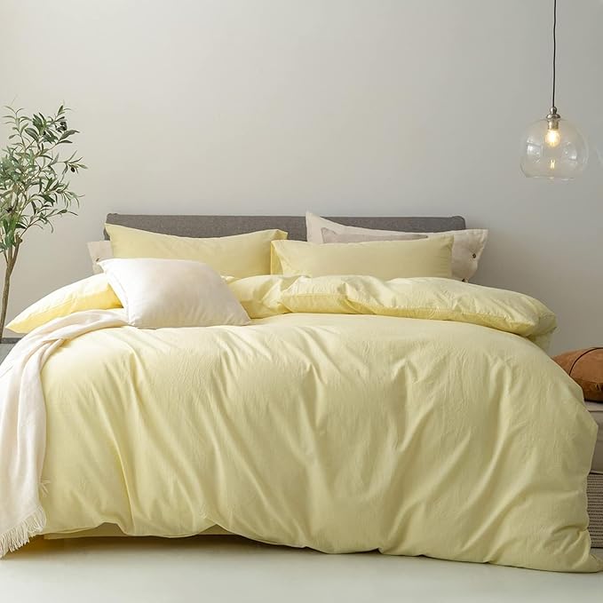FOSSA Duvet Cover Set 100% Washed Cotton Linen Feel Super Soft Breathable Cozy 3 Pieces Bedding Sets Solid Pastel Yellow Super Queen