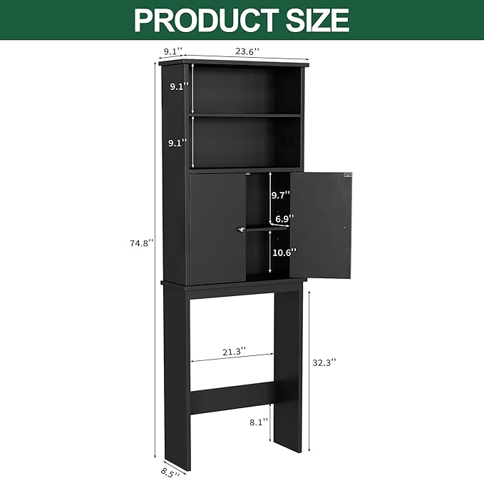 Walsunny Over The Toilet Storage Cabinet, Bathroom Organizer with Open Shelves and Double Doors, Space Saving Toilet Storage, Black
