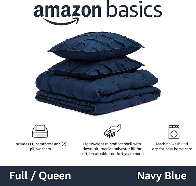 Amazon Basics Soft, Warm Down Alternative Queen Size Comforter Set, All-Season 3-Piece Bedding with Breathable Microfiber, Pinch Pleat Design, Full/Queen, Navy Blue