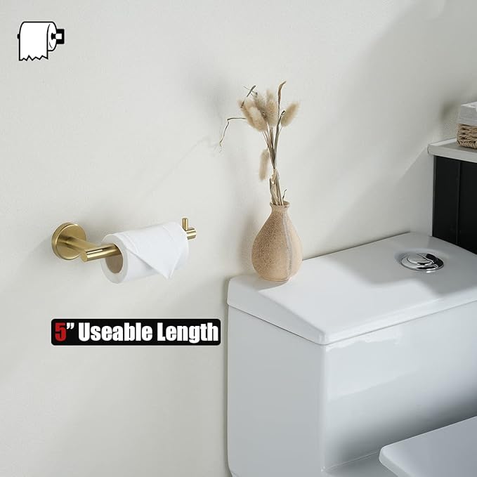 JQK Gold Toilet Paper Holder, 5 Inch Tissue Paper Dispenser, 304 Stainless Steel Thick 0.8mm Wall Mount, Brushed Brass, TPH100-BG