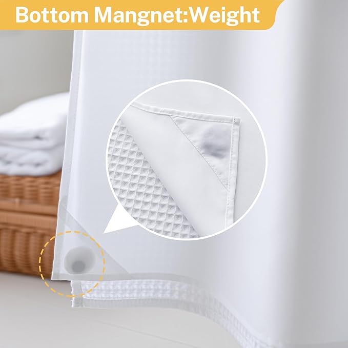 River Dream 54" W Stall No Hook Shower Curtain with Snap in Liner,Cotton Blend Small Shower Curtain for Bathroom,Hotel Quality,Magnets,White,54Wx80L