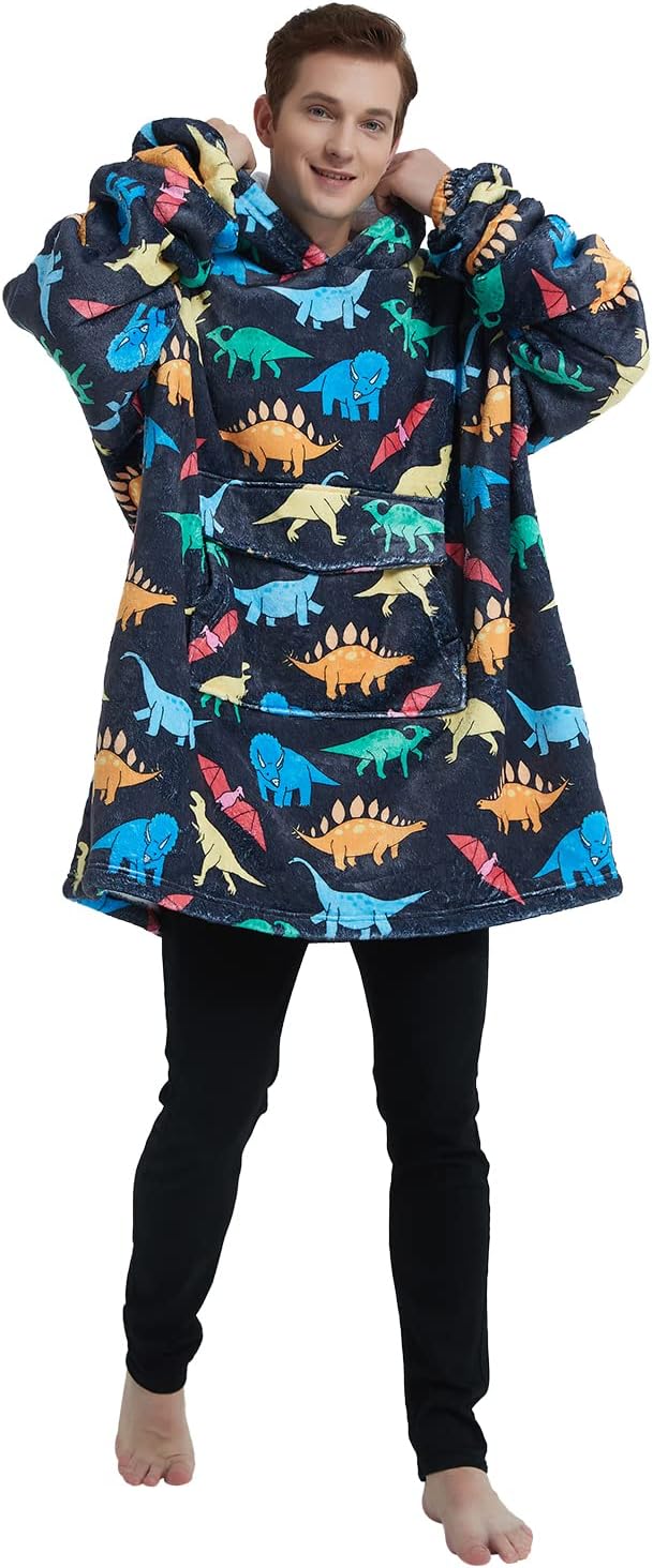 Wearable Blanket Hoodie for Adult,Oversized Sherpa Fleece Blanket Hoodie for Women Men,Dinosaur