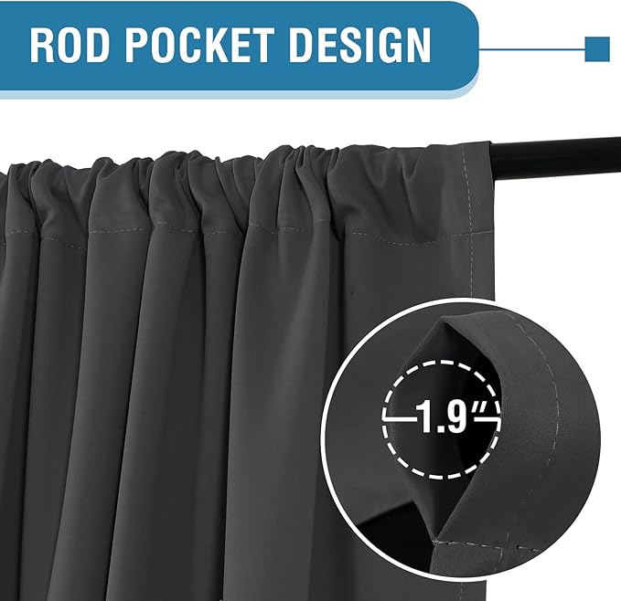 H.VERSAILTEX 100% Blackout Curtains for Bedroom Thermal Insulated Blackout Curtains 96 Inches Long Rod Pocket/Clip Rings Curtains for Living Room with Black Liner 2 Panels, Charcoal Gray